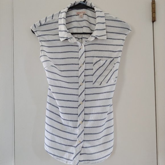 merona blue and white striped summer button-up tank top w/ pocket - Picture 1 of 7